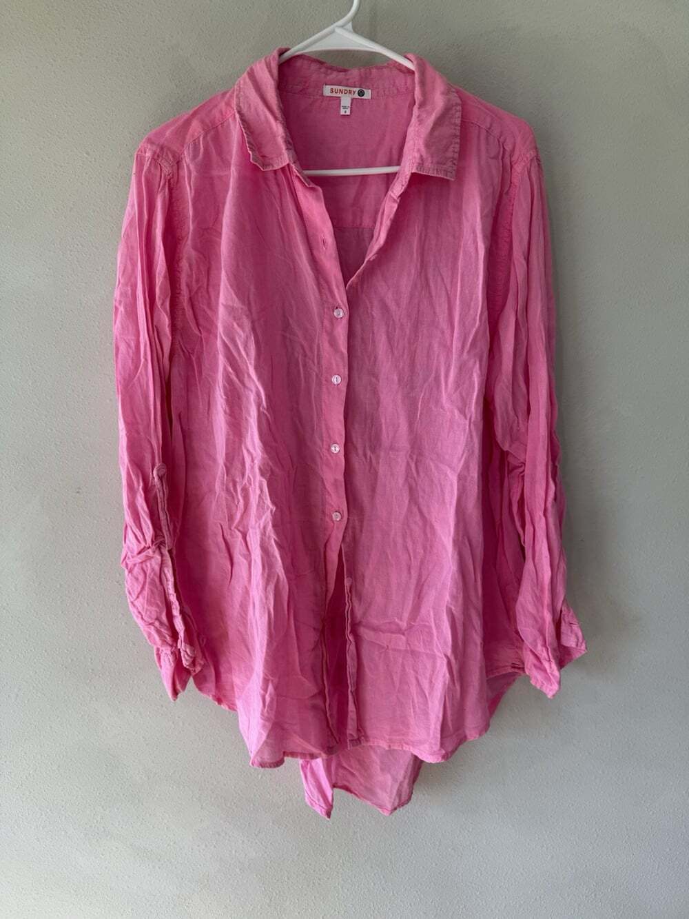 Sundry Women Collared Shirt Long Sleeve Button Up Blouse Pink Cotton 2 Large